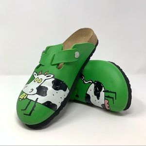 Birkies Green Cow Print Birkenstock W6/M4 EUC
